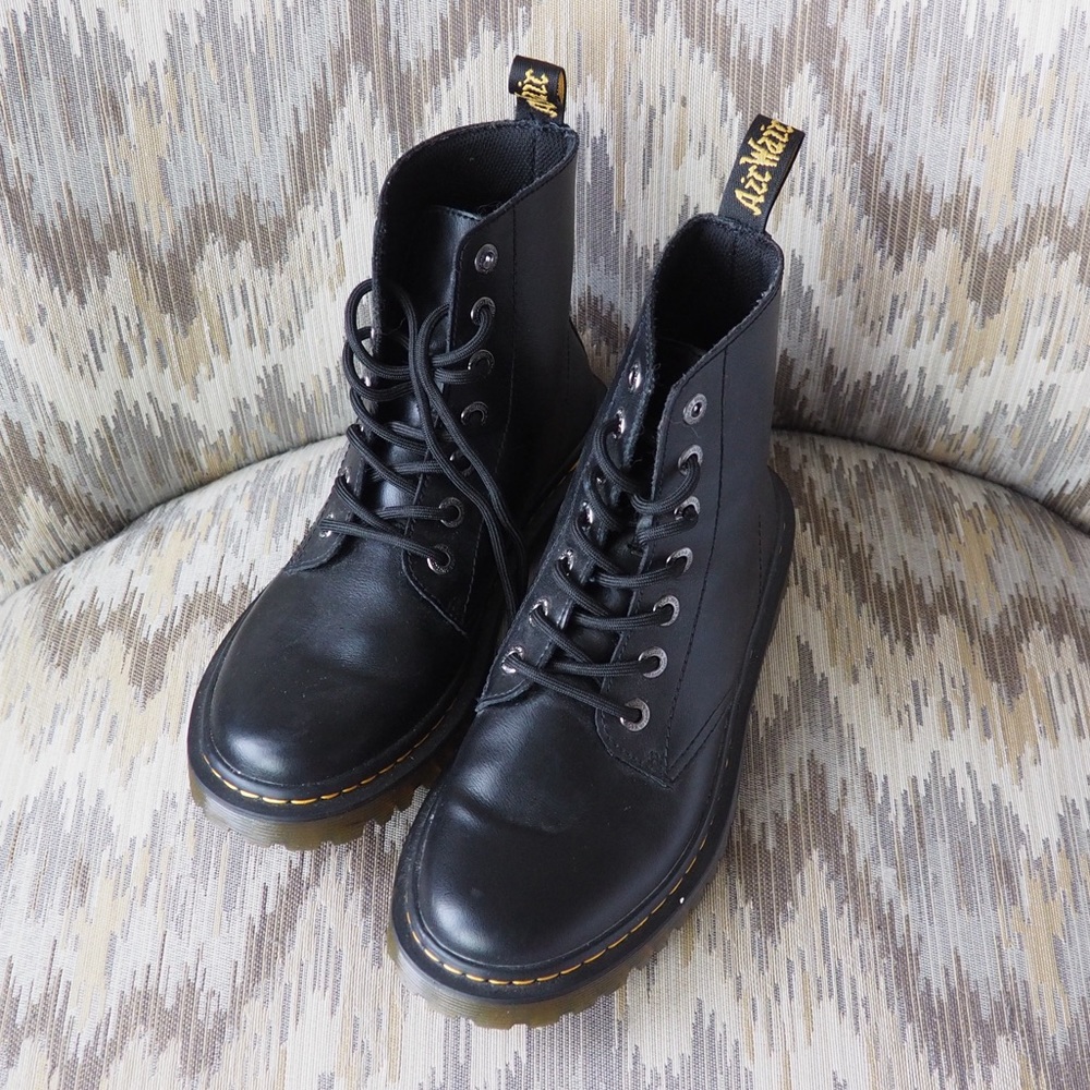 Dr. Martens Women's Black Lace-Up Leather Boots with Yellow Stitching
